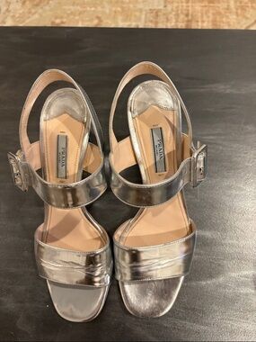 Prada Metallic Silver Leather Slingback Heels